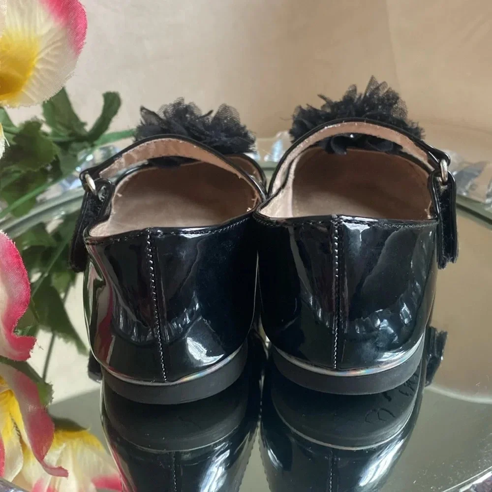 Black Patent Leather Mary Hanes With Embellished Mesh Flower 9M